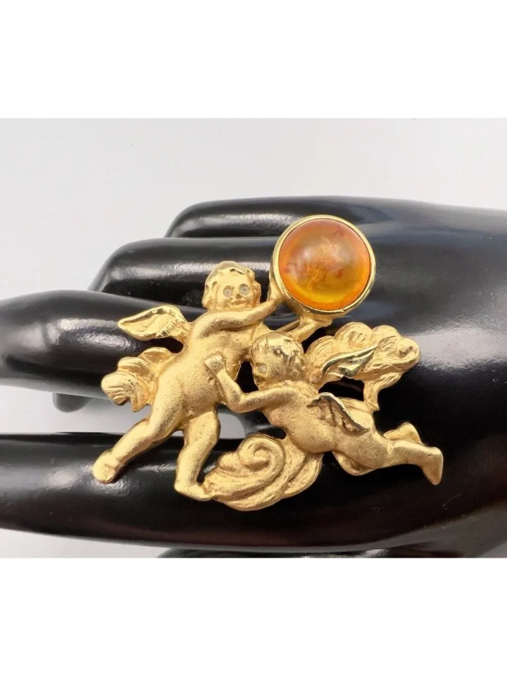 Vintage Signed LS Louis Stern Cherub Angel Brooch Gold Tone Amber Cabochon Pin